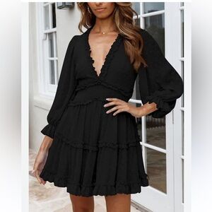 Black Ruffled Mini Dress with Bishop Sleeves